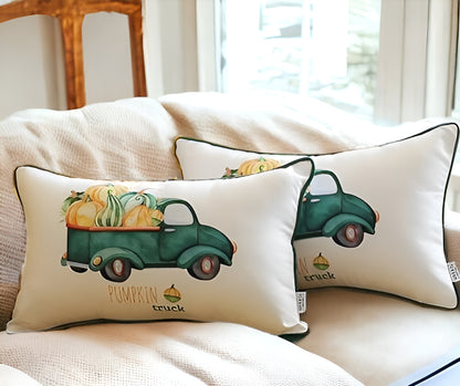 Set Of 2 20"  Pumpkin Truck Lumbar Pillow Cover In Multicolor