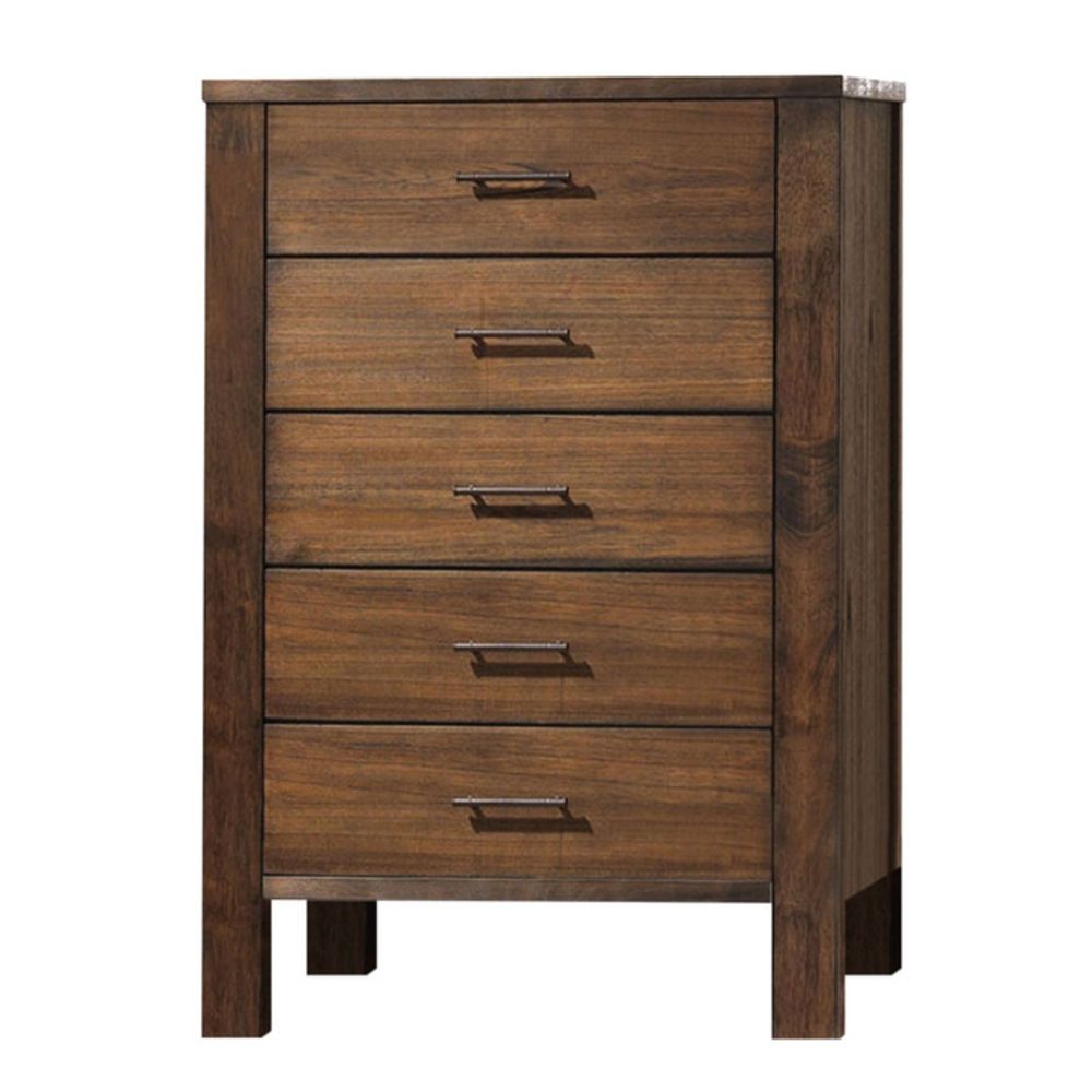 48" Oak Finish 5 Drawer Chest Dresser With Brass Metal Hardware