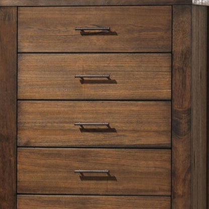 48" Oak Finish 5 Drawer Chest Dresser With Brass Metal Hardware