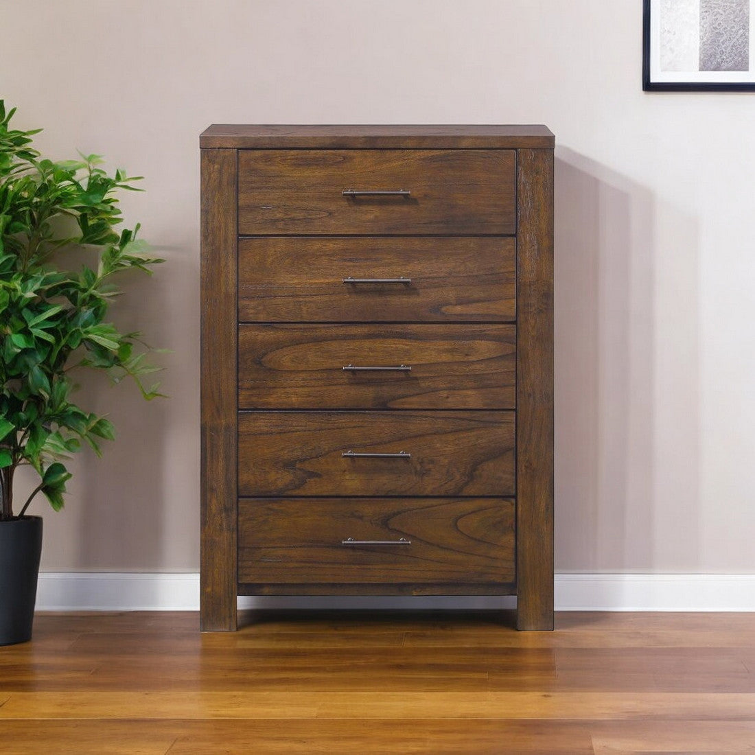 48" Oak Finish 5 Drawer Chest Dresser With Brass Metal Hardware