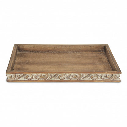 Distressed Finish Wood Tray With Side Carvings