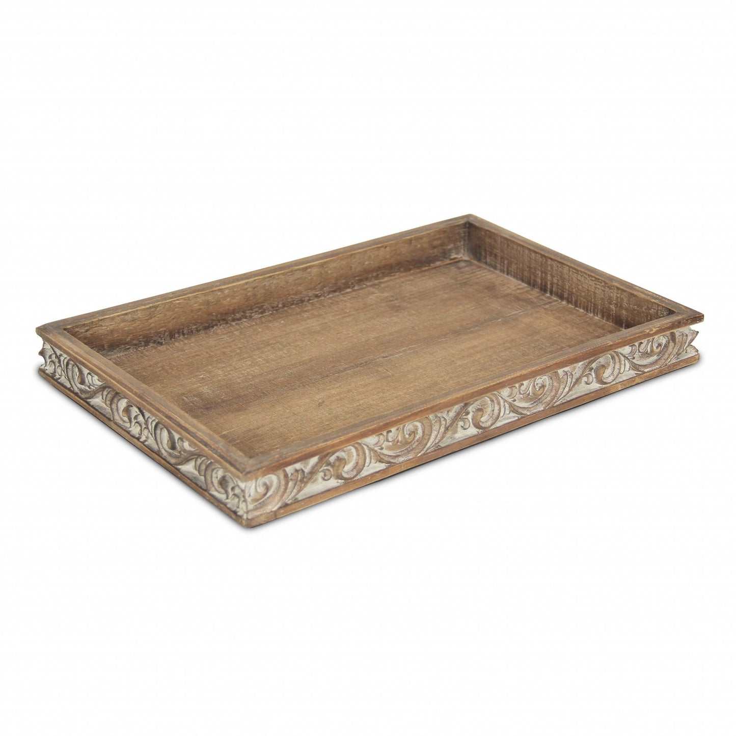 Distressed Finish Wood Tray With Side Carvings