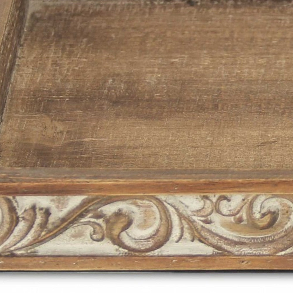 Distressed Finish Wood Tray With Side Carvings