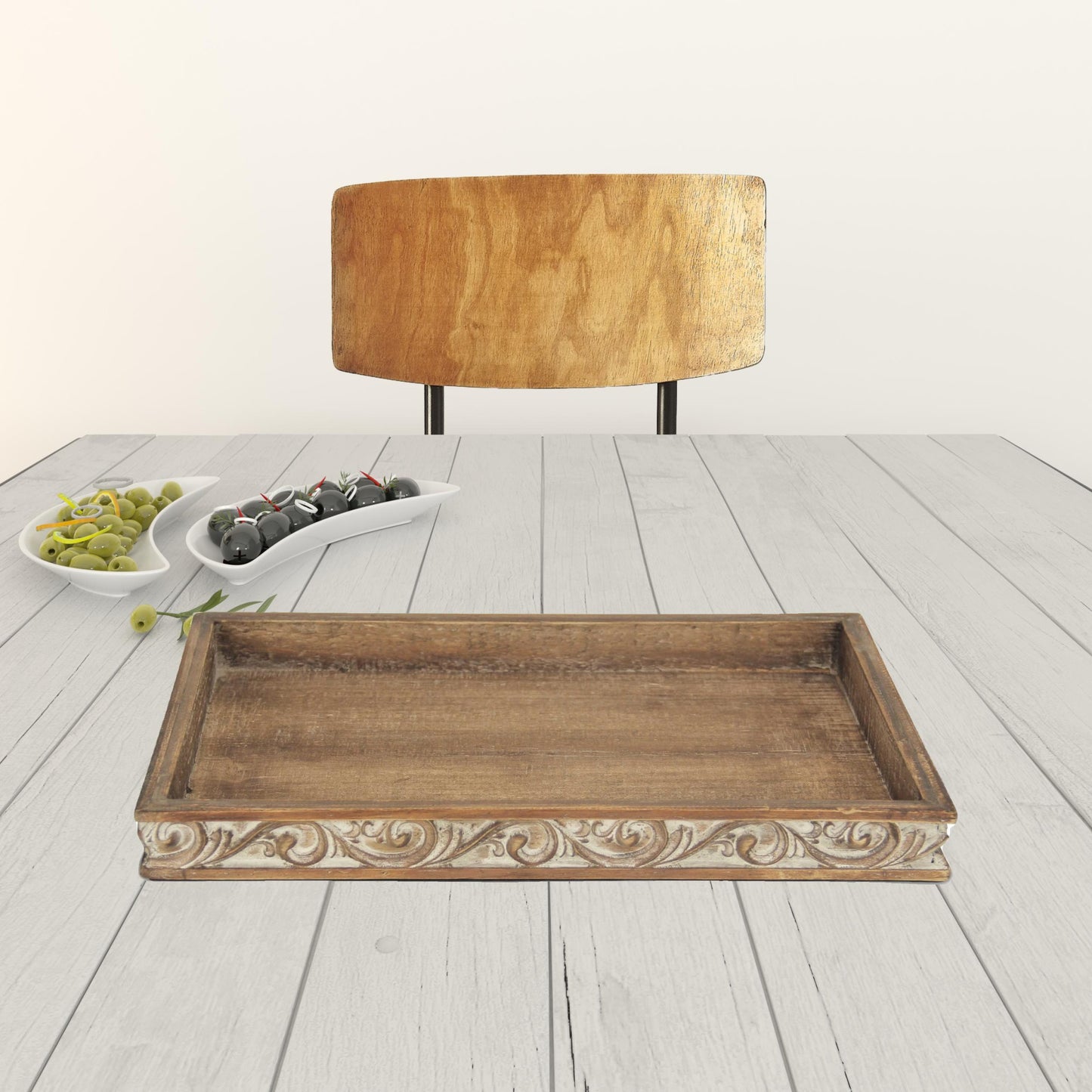 Distressed Finish Wood Tray With Side Carvings