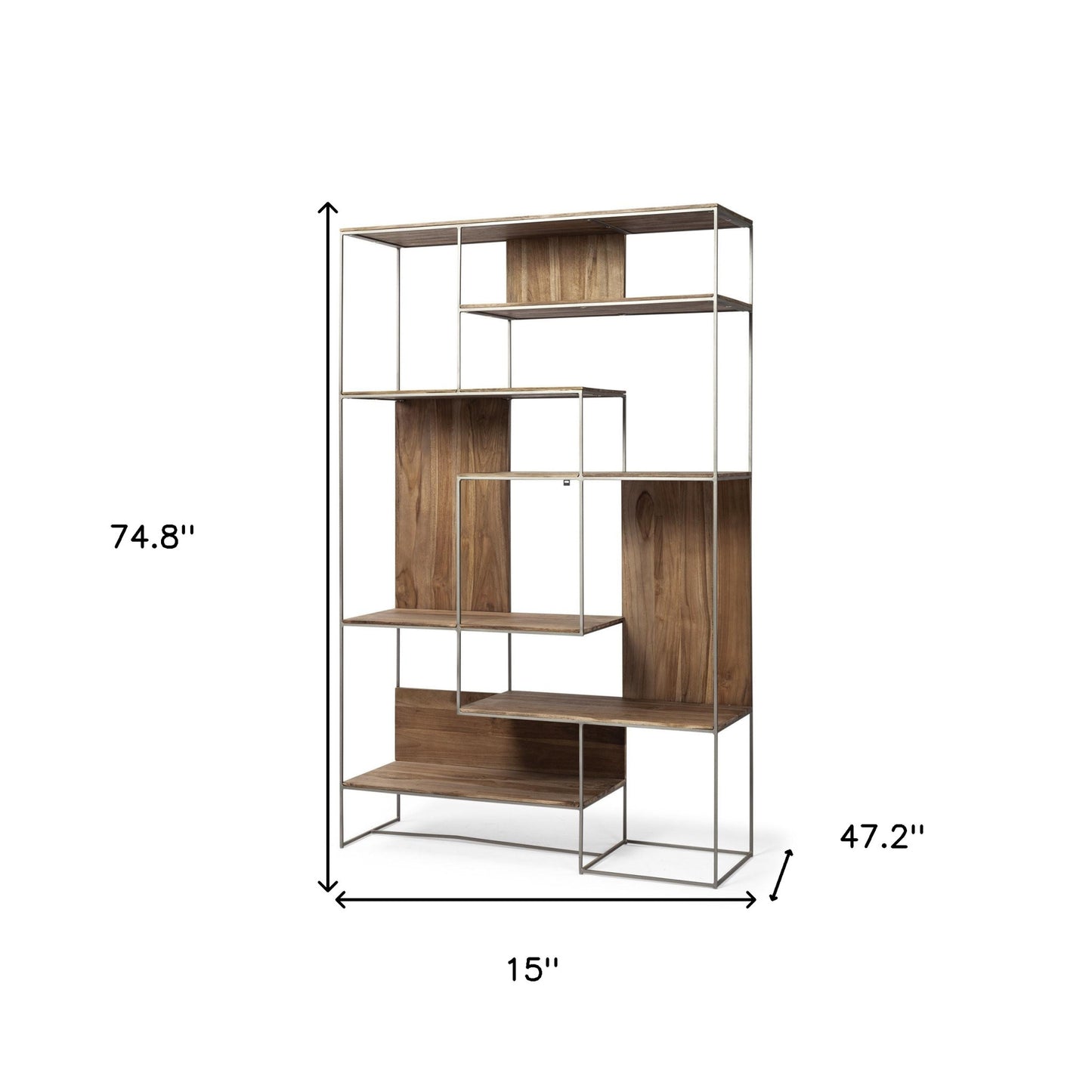 Brown Wood And Silver Metal Frame With 6 Shelf Shelving Unit