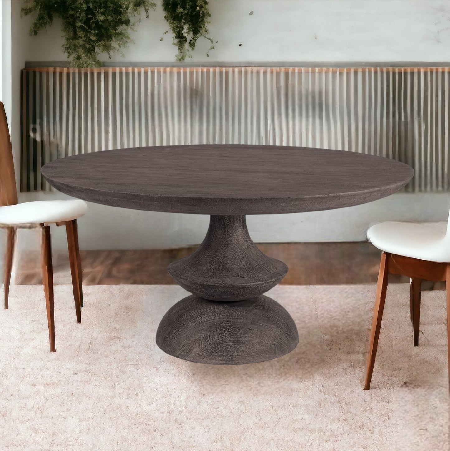 60" Gray Rounded Solid Wood Pedestal Base Dining Table