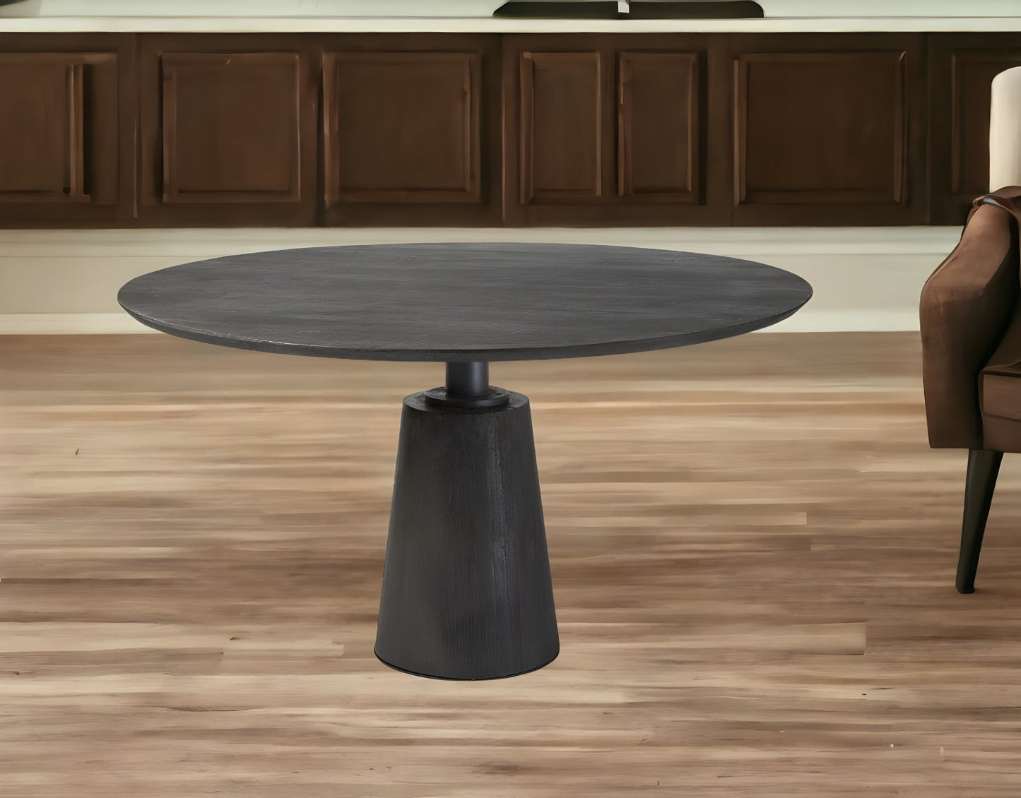 54" Brown Rounded Solid Wood And Metal Pedestal Base Dining Table