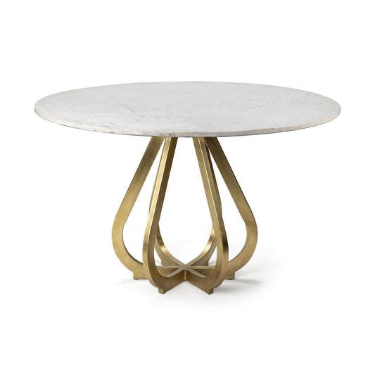 48" White And Gold Rounded Marble And Metal Pedestal Base Dining Table