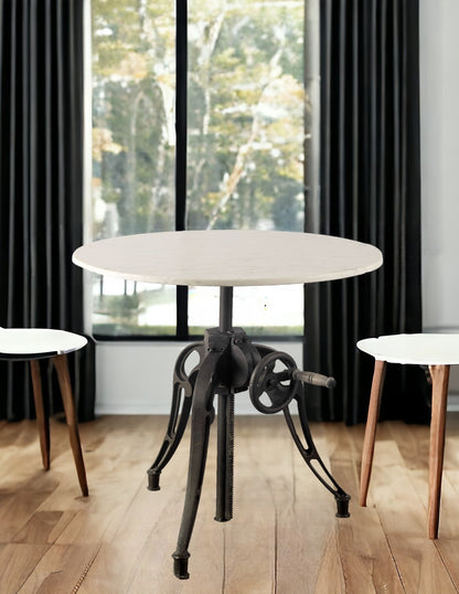 30" White And Black Rounded Marble And Metal Three Leg Base Dining Table