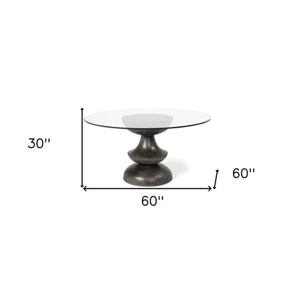 60" Clear And Brown Rounded Glass And Solid Manufactured Wood Pedestal Base Dining Table