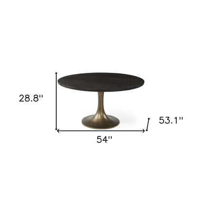 54" Black And Brass Rounded Solid Wood And Metal Pedestal Base Dining Table