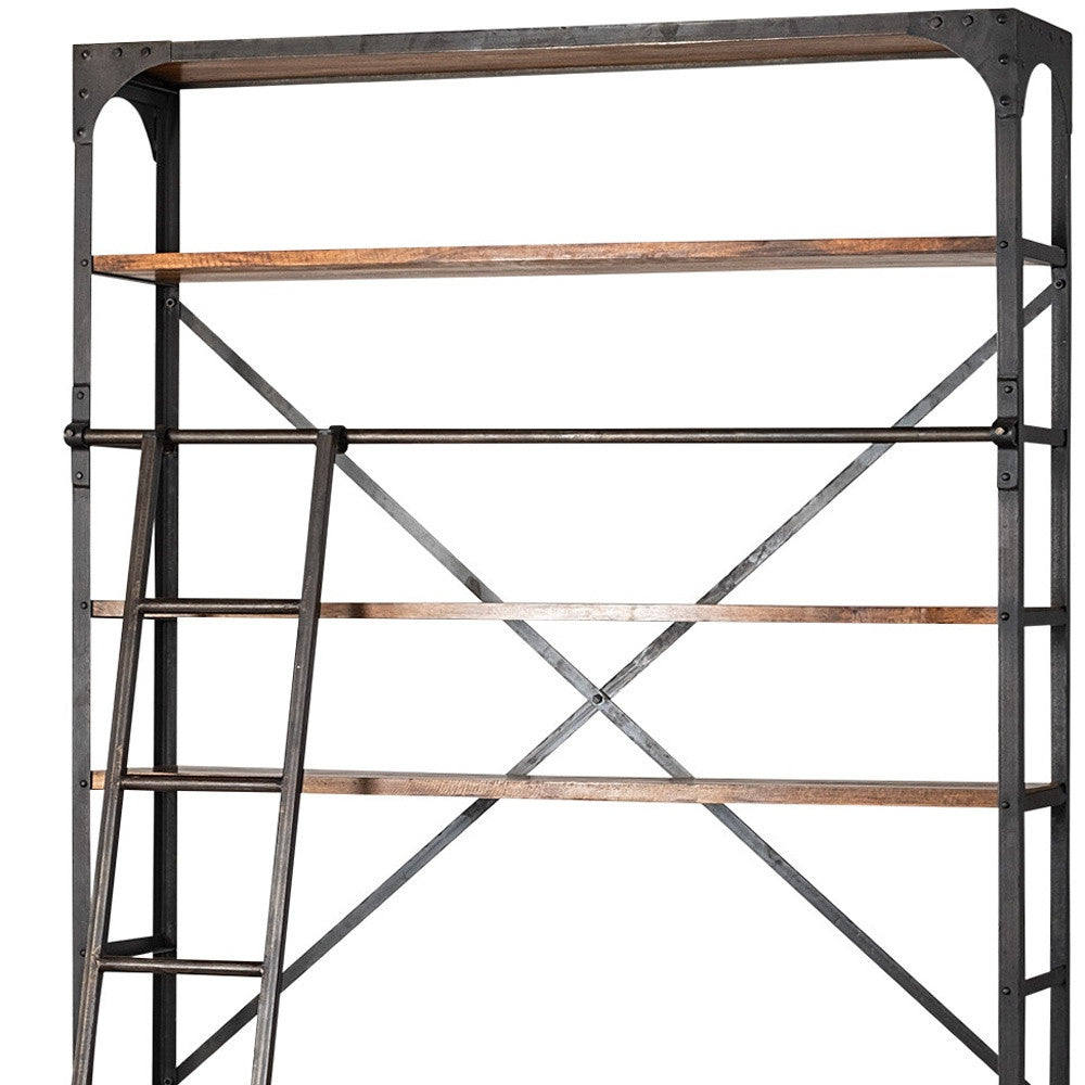 94" Brown And Black Metal and Wood Four Tier Library Bookcase With Ladder