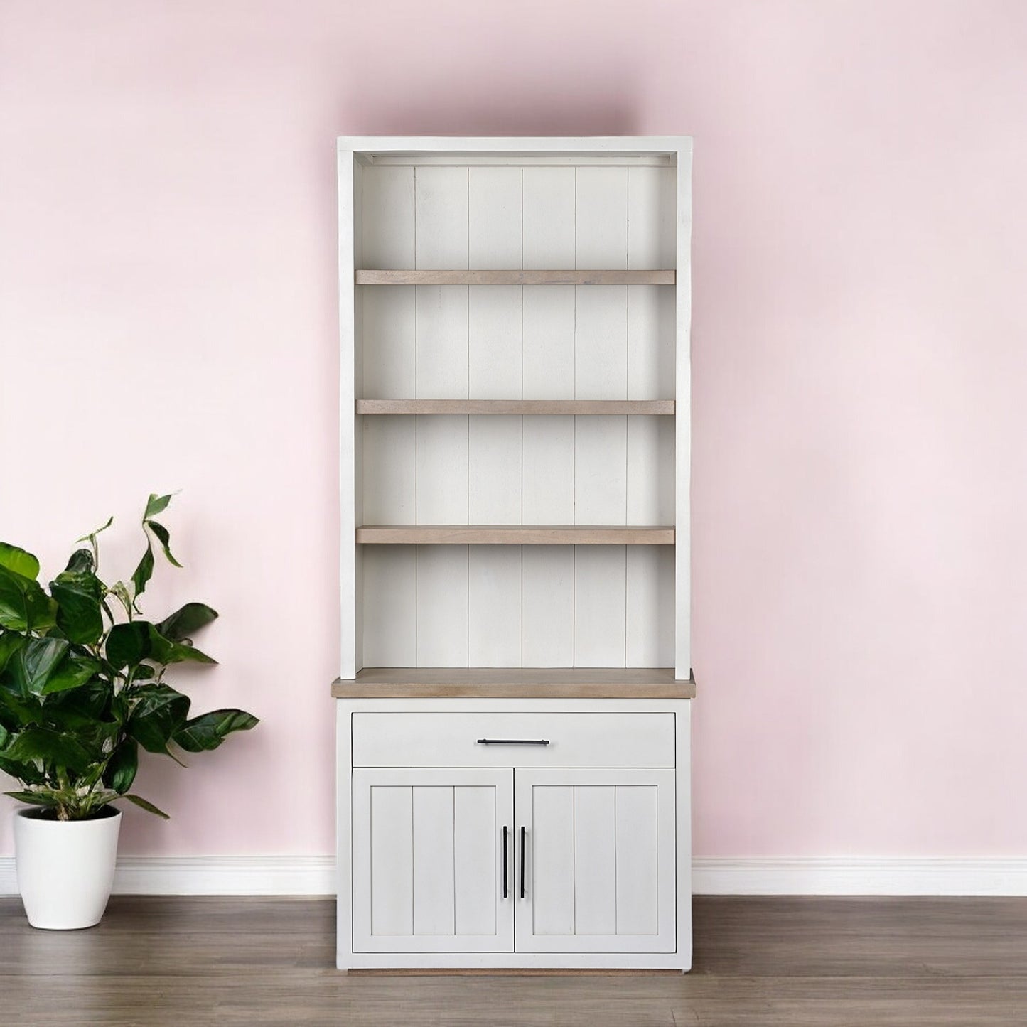 White And Medium Brown Wood Shelving Unit With 3 Shelves