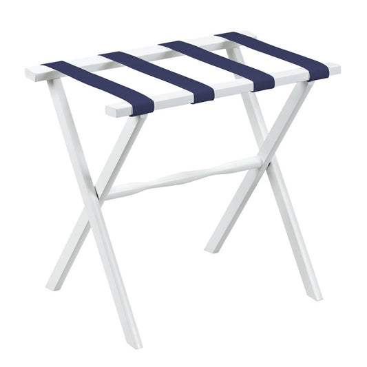 Hotel White Finish Wood Folding Luggage Rack With Navy Straps