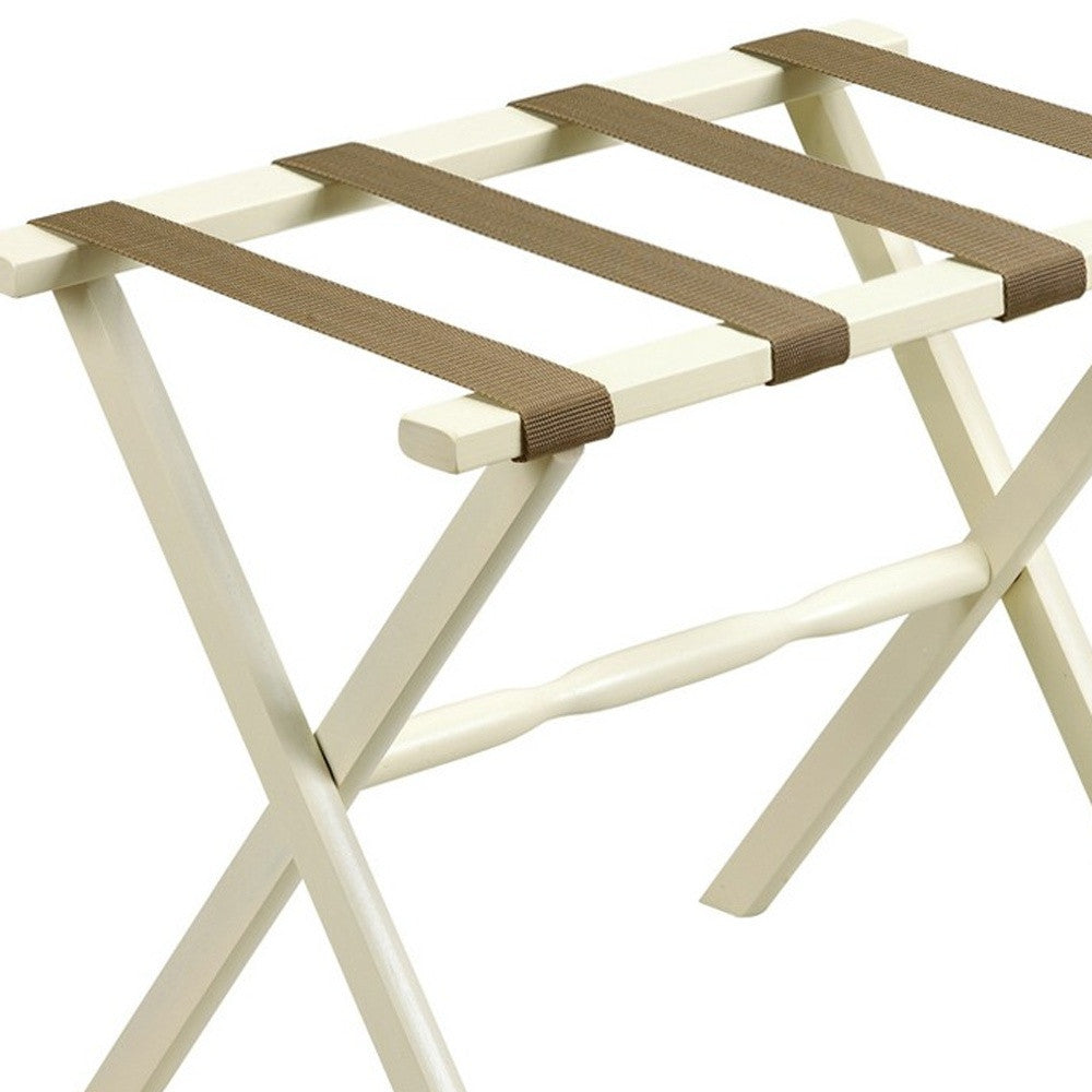 Hotel Ivory Finish Wood Folding Luggage Rack With Tan Straps