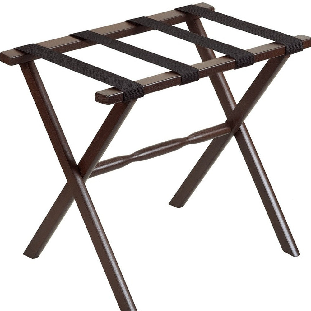 Hotel Dark Walnut Finish Wood Folding Luggage Rack With Black Straps