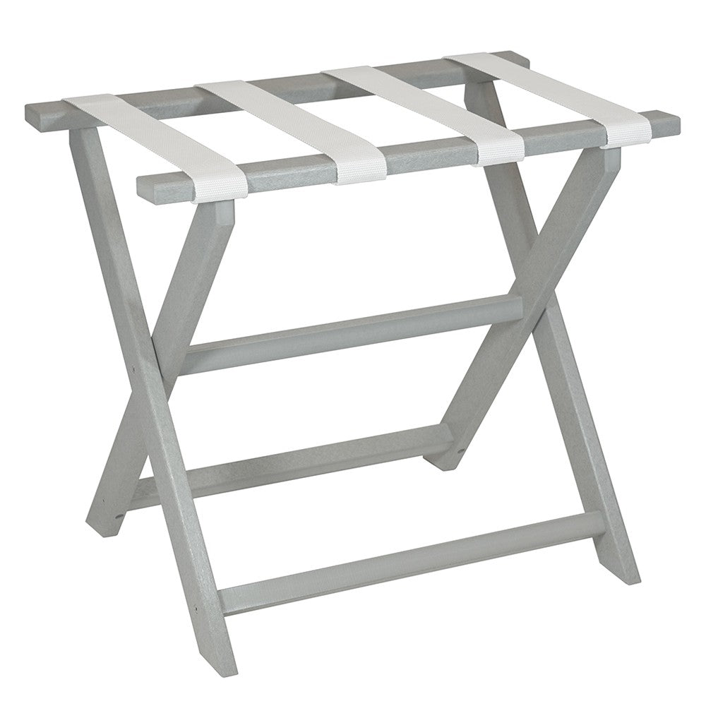 Earth Friendly Light Gray Folding Luggage Rack With White Straps