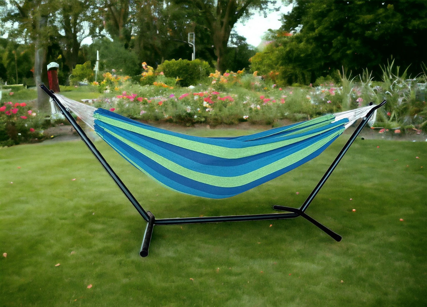 Blue And Green Stripe Two Person Hammock With Stand