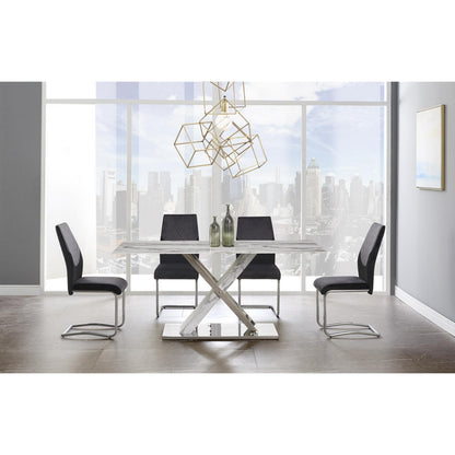 71" Gray and White And Silver Marble And Stainless Steel Pedestal Base Dining Table