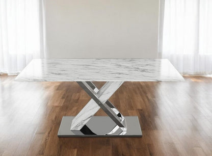 71" Gray and White And Silver Marble And Stainless Steel Pedestal Base Dining Table