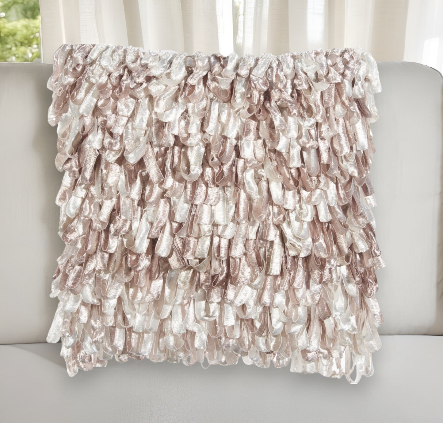 20" Rose Pink Throw Pillow With Shaggy Ribbon Ruffles