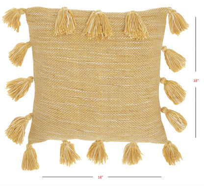 18" Yellow Polyester Blend Throw Pillow With Tassels