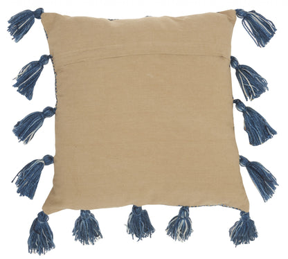 18" Royal Blue Polyester Blend Throw Pillow With Tassels