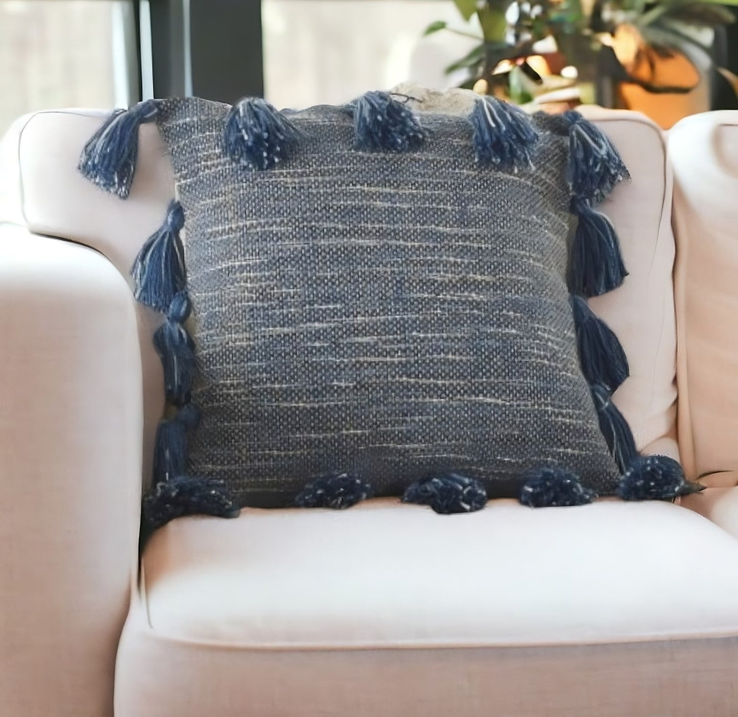 18" Royal Blue Polyester Blend Throw Pillow With Tassels