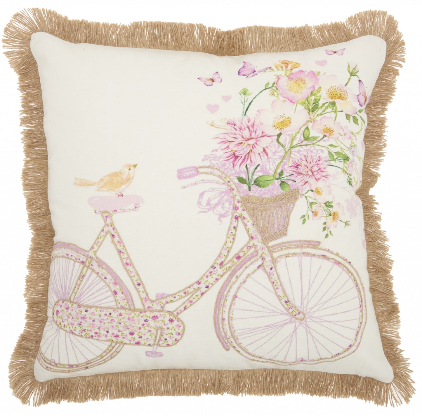 18" Beige and Pink Bicycle and Flowers Indoor Outdoor Throw Pillow With Fringe