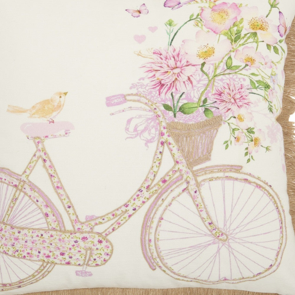 18" Beige and Pink Bicycle and Flowers Indoor Outdoor Throw Pillow With Fringe