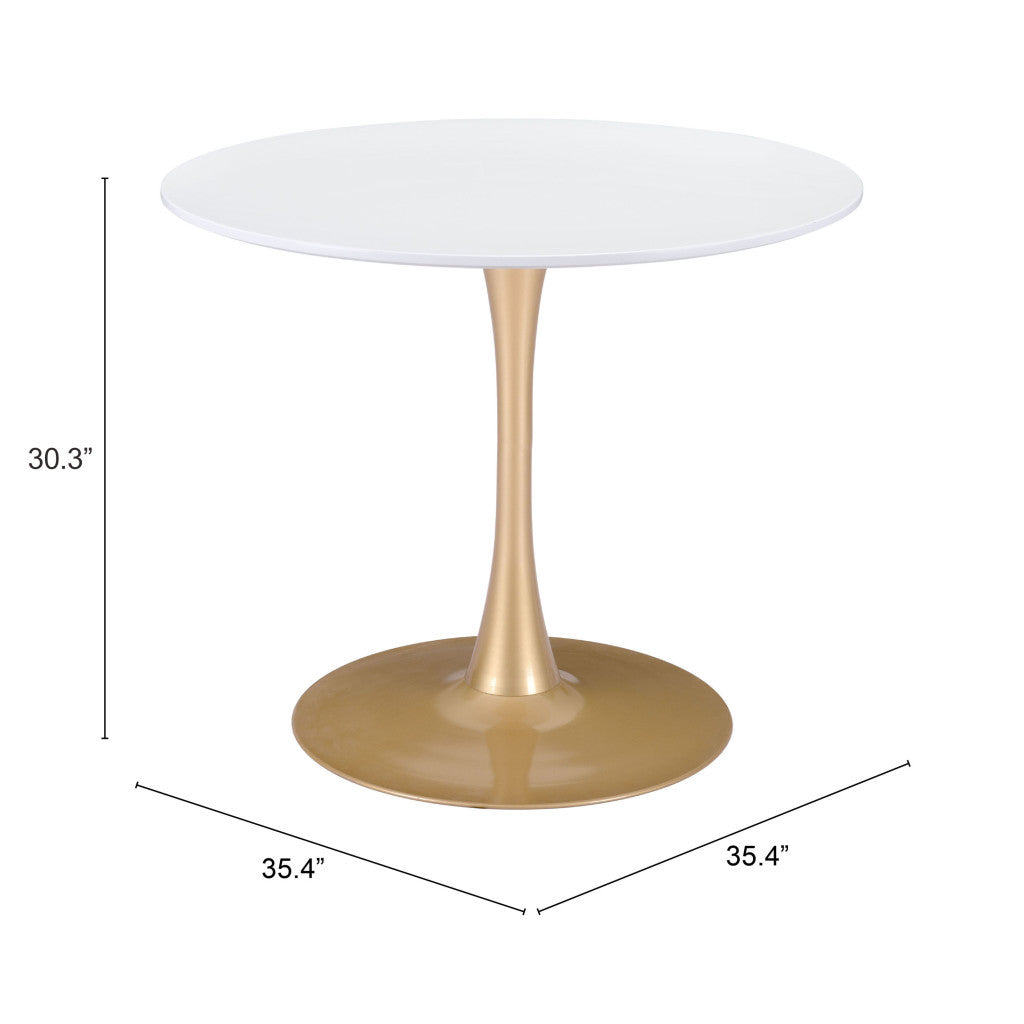 35" White And Gold Rounded Steel Pedestal Base Dining Table