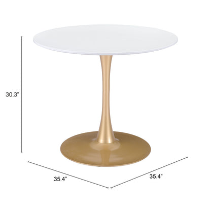 35" White And Gold Rounded Steel Pedestal Base Dining Table