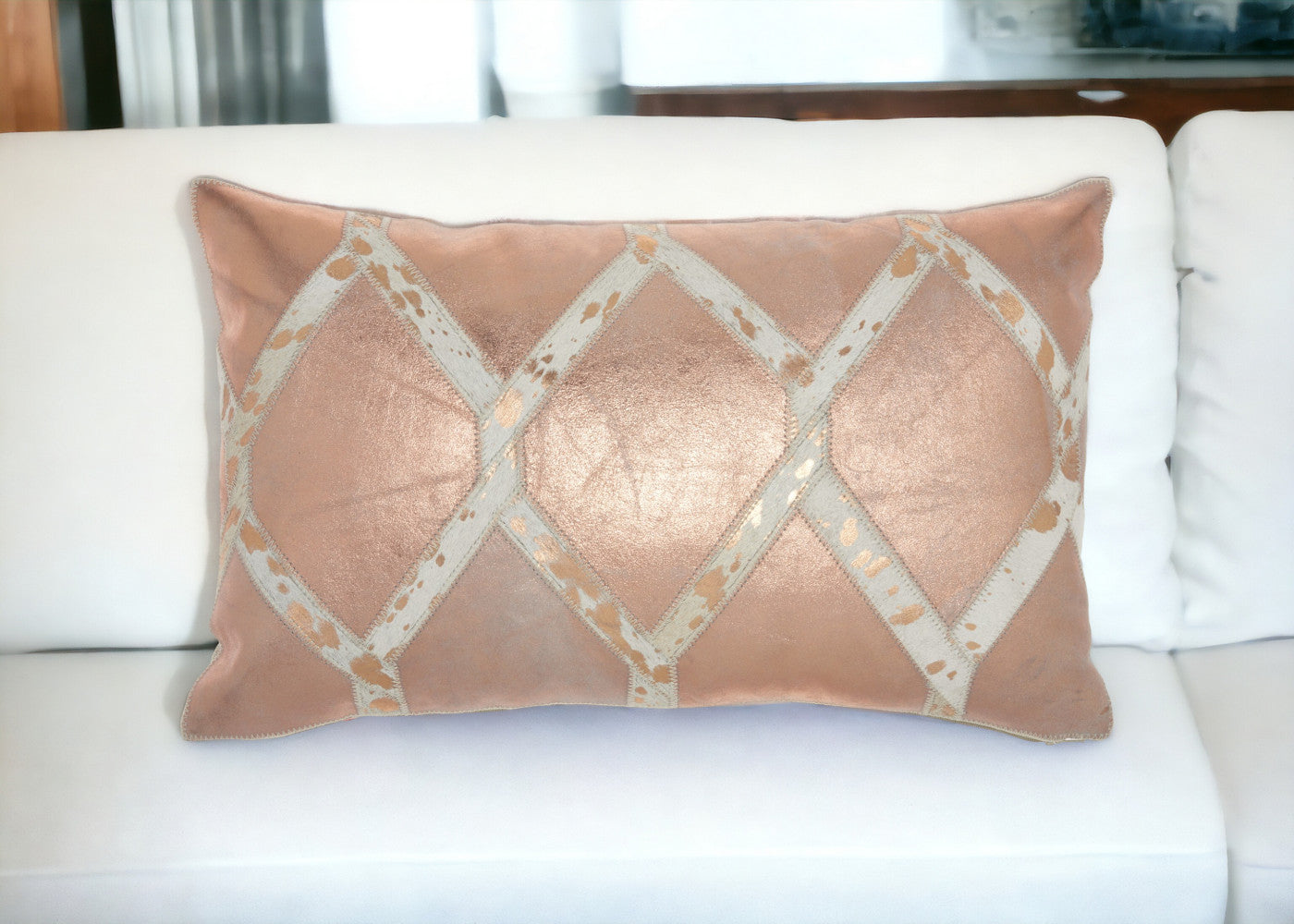 12" X 20" Rose Gold and White Metallic and Cowhide Throw Pillow