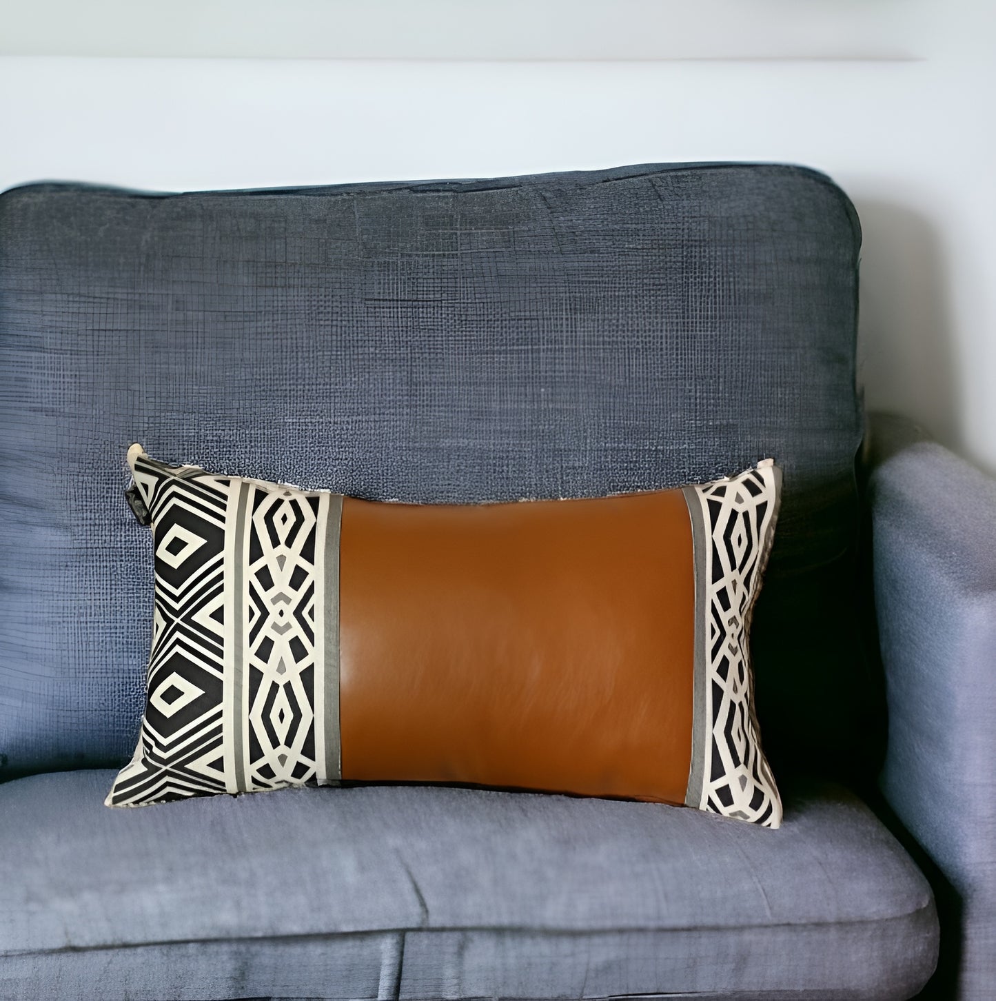 12" X 20" Brown and White Faux Leather Throw Pillow Cover