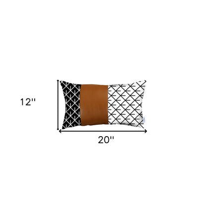 12" X 20" Brown and White Faux Leather Throw Pillow Cover