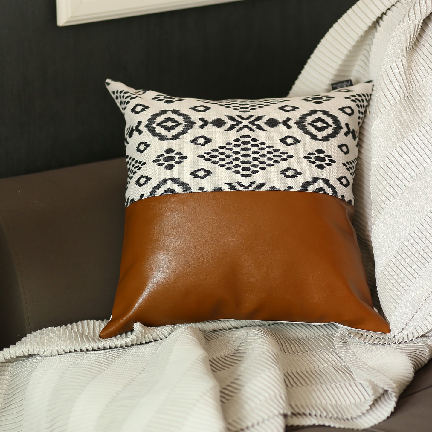 17" Brown and White Geometric Faux Leather Throw Pillow Cover