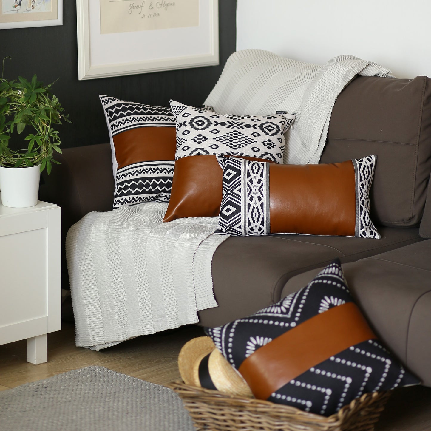 17" Brown and White Geometric Faux Leather Throw Pillow Cover