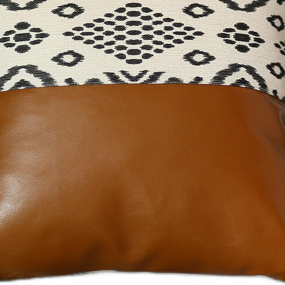 17" Brown and White Geometric Faux Leather Throw Pillow Cover