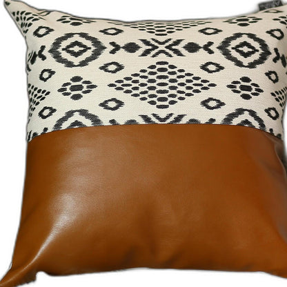 17" Brown and White Geometric Faux Leather Throw Pillow Cover