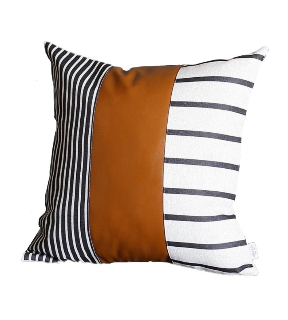 17" Brown and White Faux Leather Throw Pillow Cover