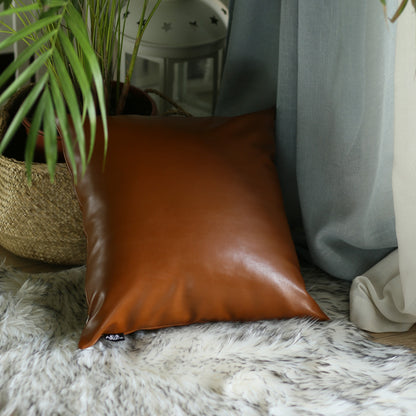 17" X 17" Solid Brown Faux Leather Decorative Pillow Cover