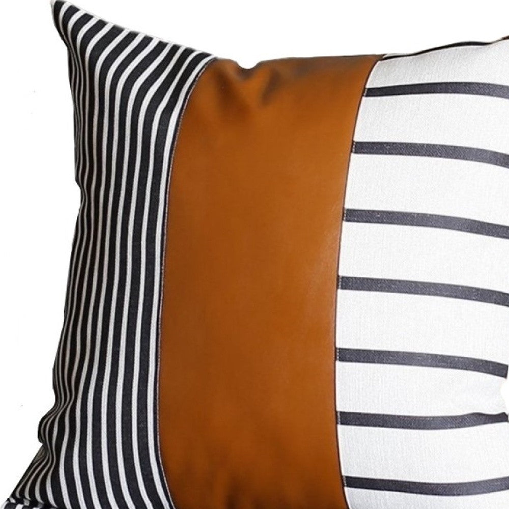 20" X 20" Black And White Stripes And Faux Leather  Pillow Cover