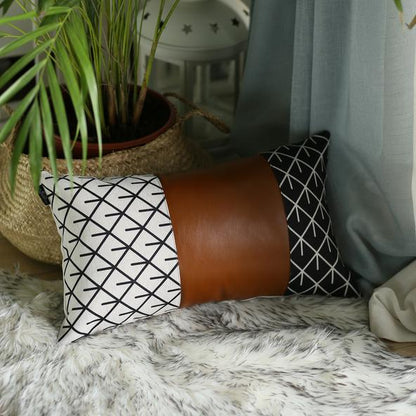 Set Of 2 Geometric Lattice Pattern And Warm Brown Faux Leather Pillow Covers