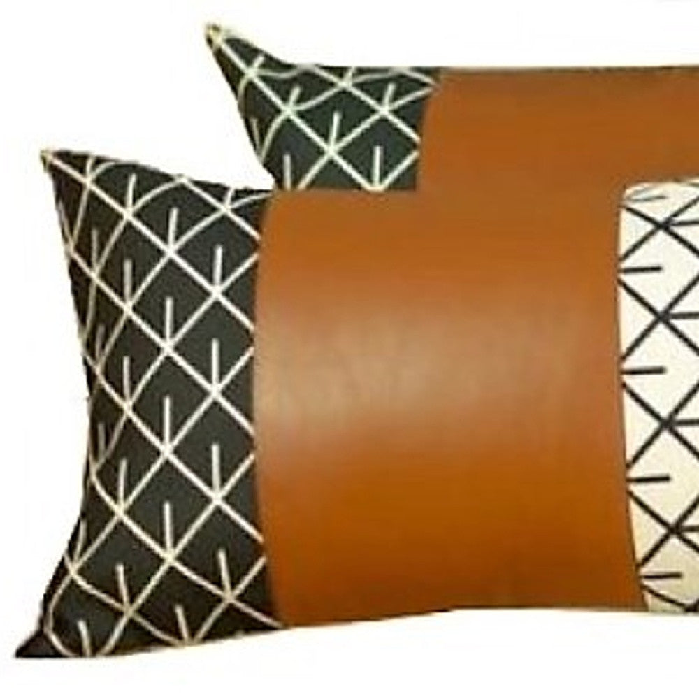 Set Of 2 Geometric Lattice Pattern And Warm Brown Faux Leather Pillow Covers