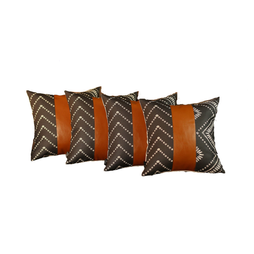 Set Of 4 Black And White Geo With Faux Leather Lumbar Pillow Covers