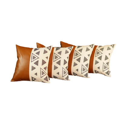 Set Of 4 Triangle And Brown Faux Leather Pillow Covers