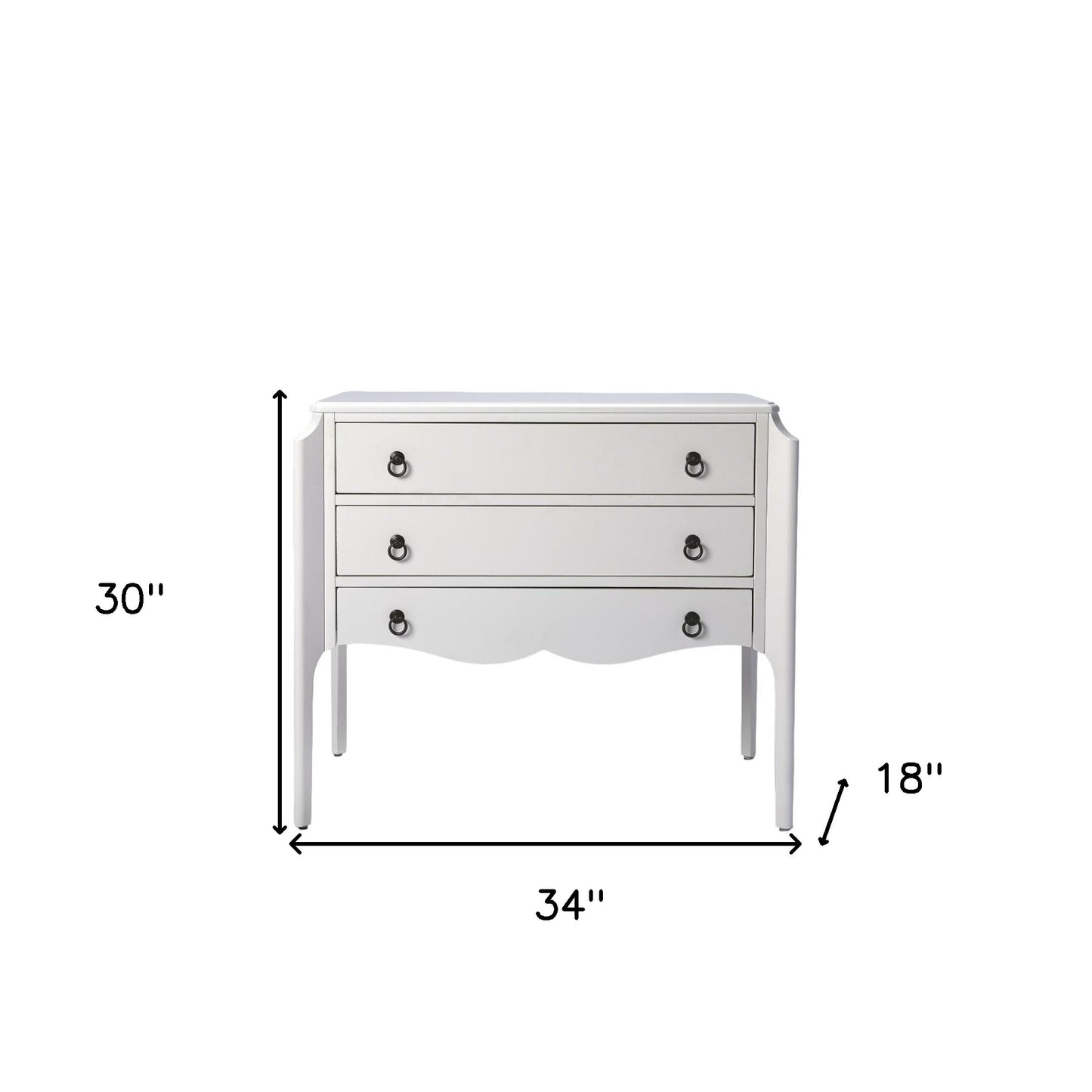 34" White Solid and Manufactured Wood Three Drawer Dresser