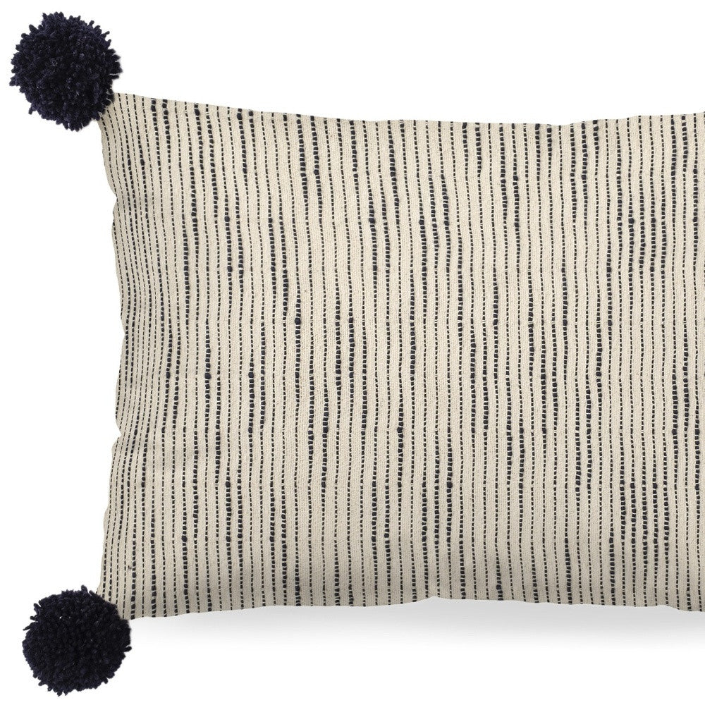 Beige And Midnight Pom Pom Lumbar Accent Pillow Cover