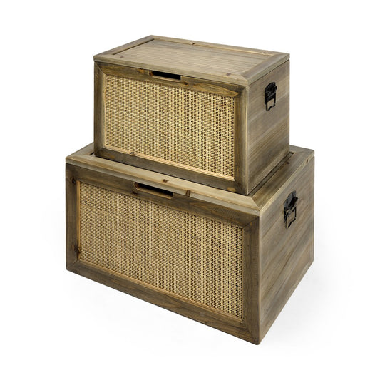 Set Of Two Brown and Natural Wood And Cane Storage Boxes