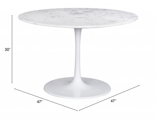 47" White Rounded Marble And Steel Pedestal Base Dining Table